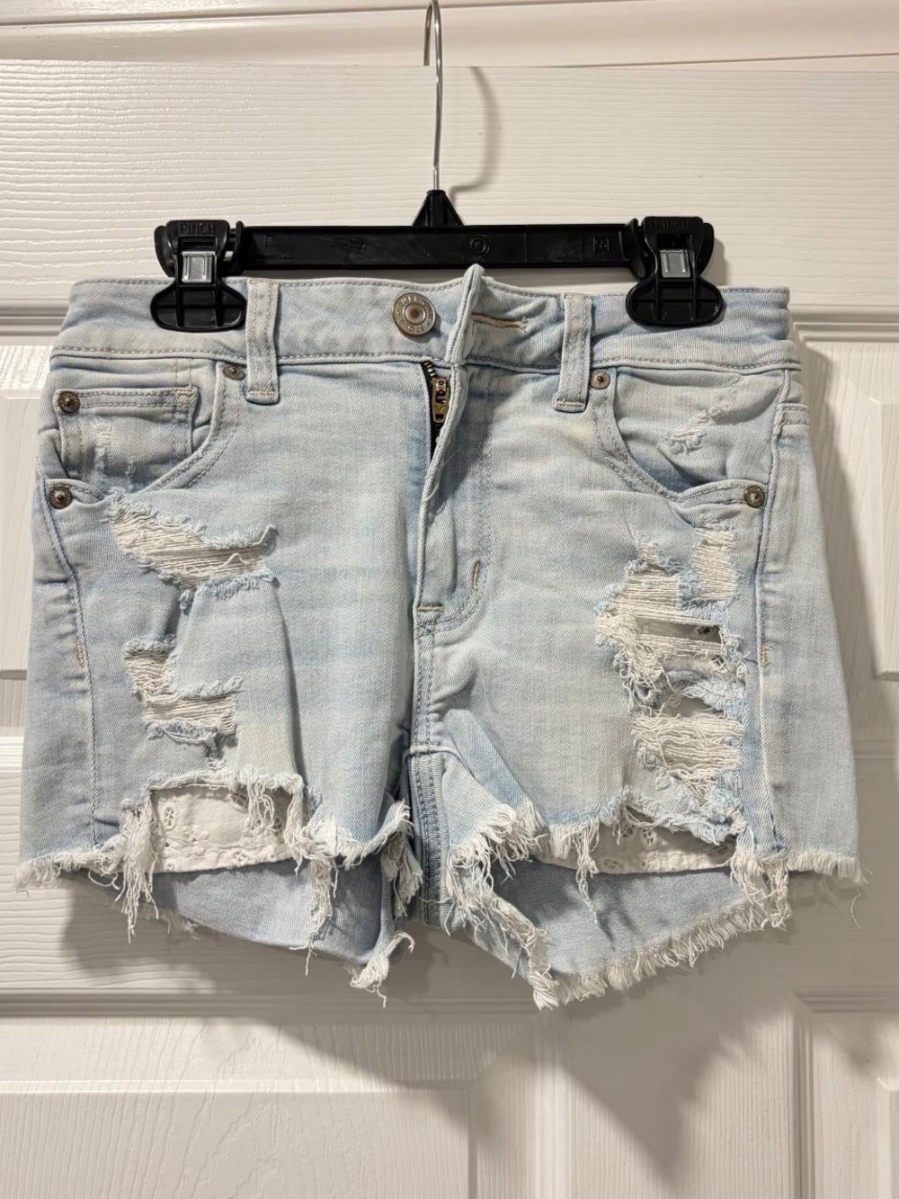 American Eagle Outfitters Light Blue Stretchy Lace Pocket Cutoff Denim Shorts
